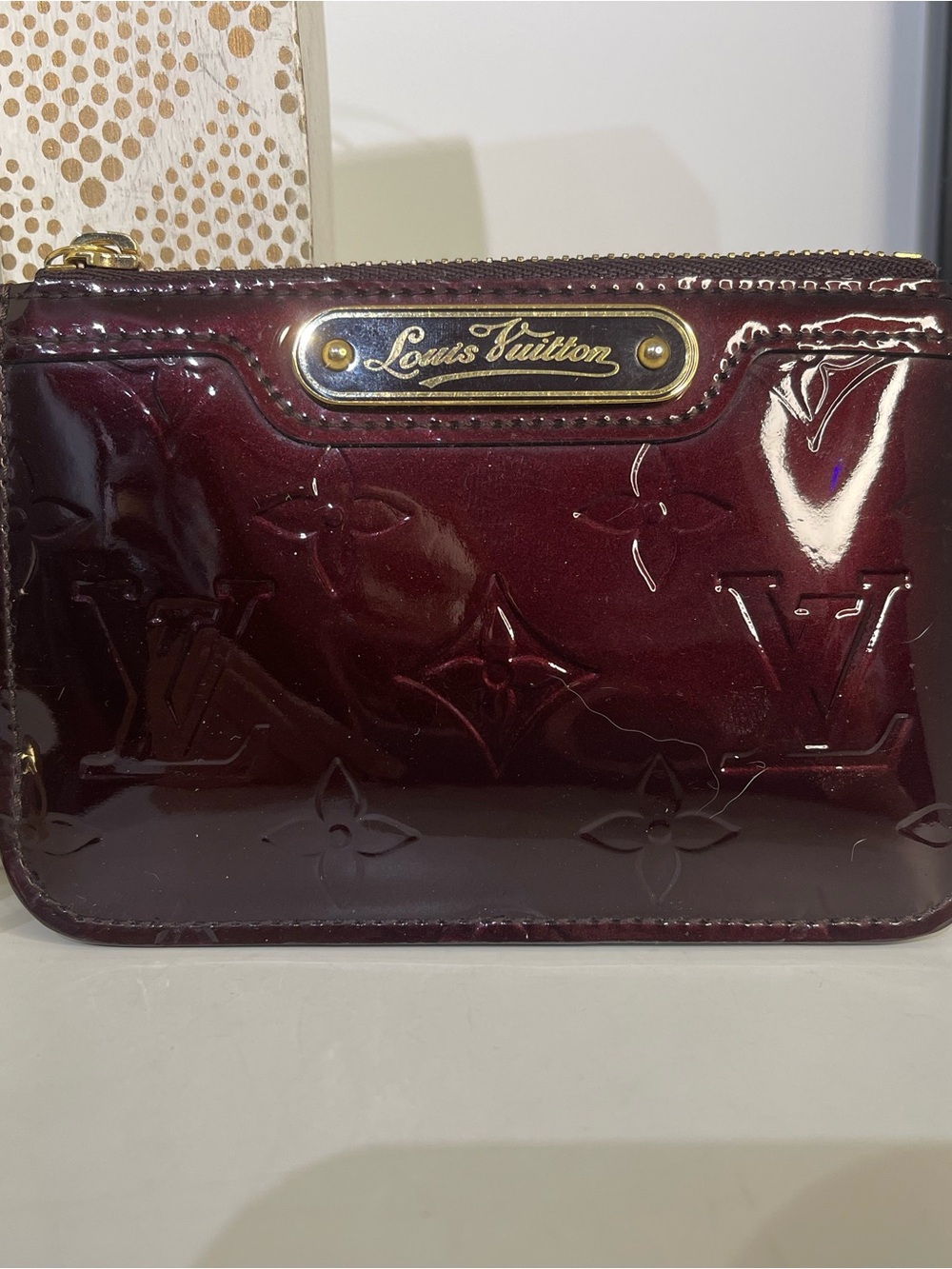 Louis Vuitton Vernis Patent Coin Purse in Bordeaux Red with Gold Plaque